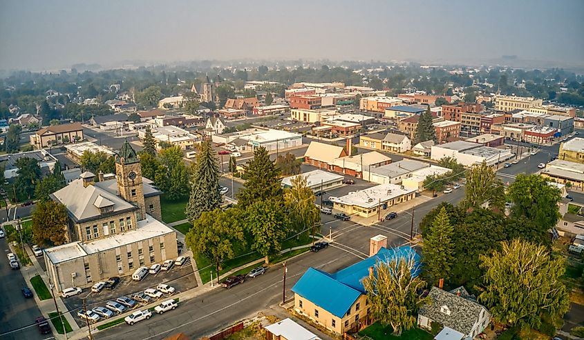 Aerial view of Baker City, Oregon on a hazy Day