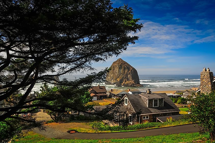 View of the beach and Haystack Rock in Cannon Beach, Oregon.