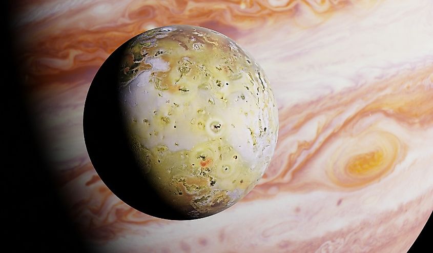 Jupiter's moon Io in front of the planet Jupiter