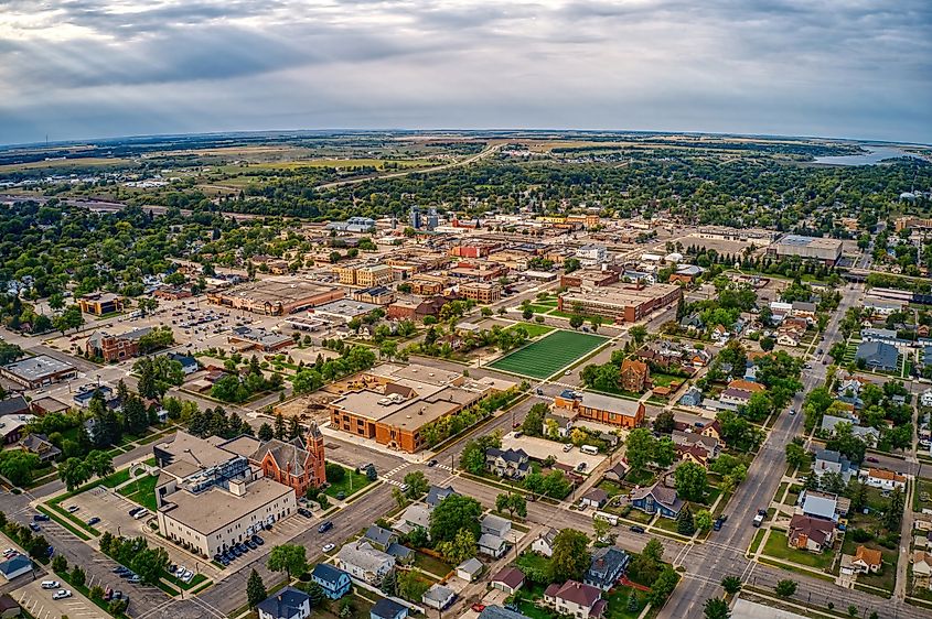 Aerial view of Jamestown, North Dakota, along Interstate 94, showcasing the town's layout and surrounding landscape.