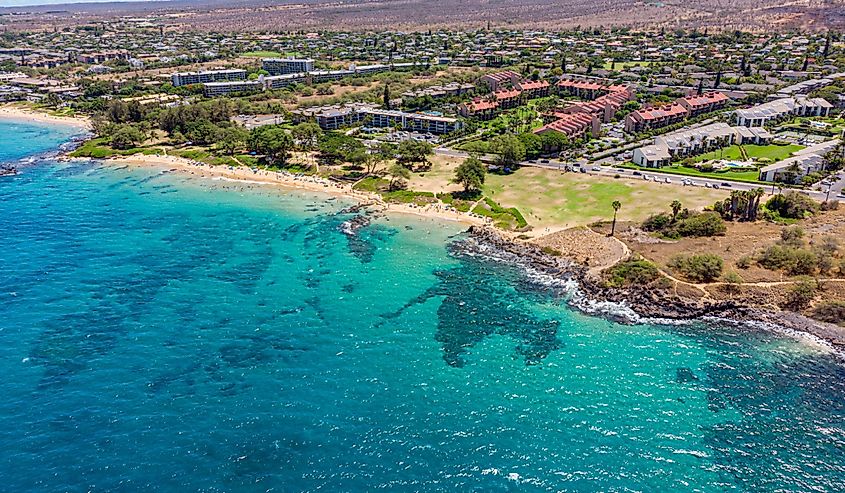 Aerial view of waterfront homes in Kihei, Maui, Hawaii.