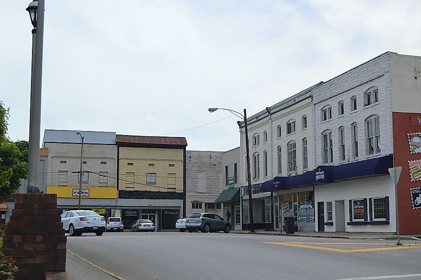 Buildings in the western quadrant of the public square (Kentucky Route 91) in downtown Burkesville, Kentucky, United States.