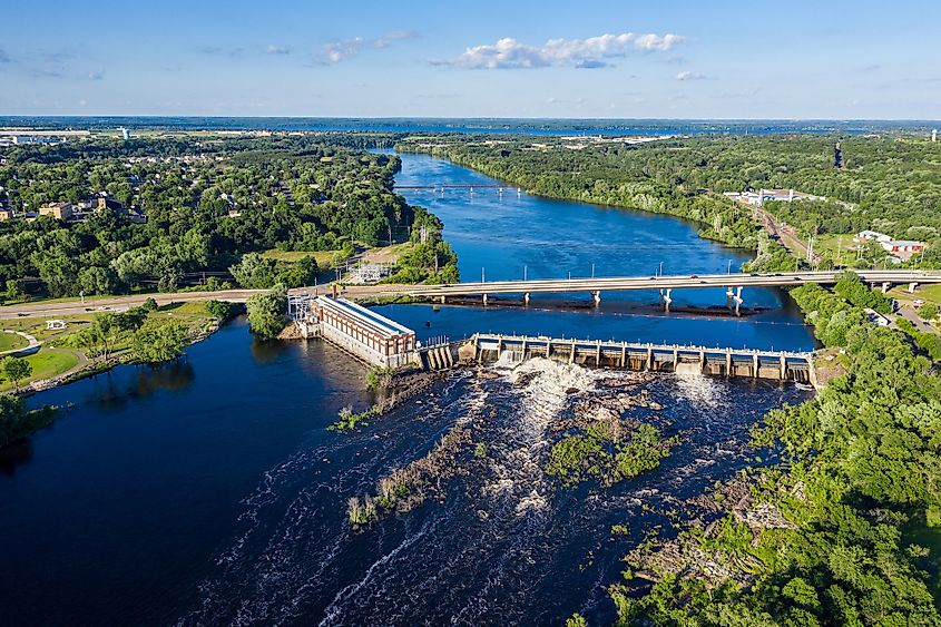 Chippewa River Dam with Lake Wissota in the distance in Chippewa Falls, Wisconsin.