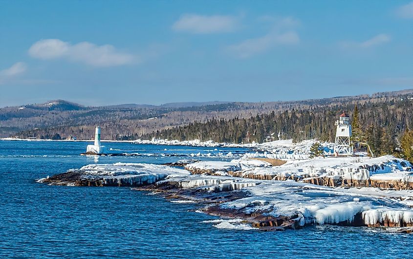 Grand Marais Lighthouse on Lake Superior during winter