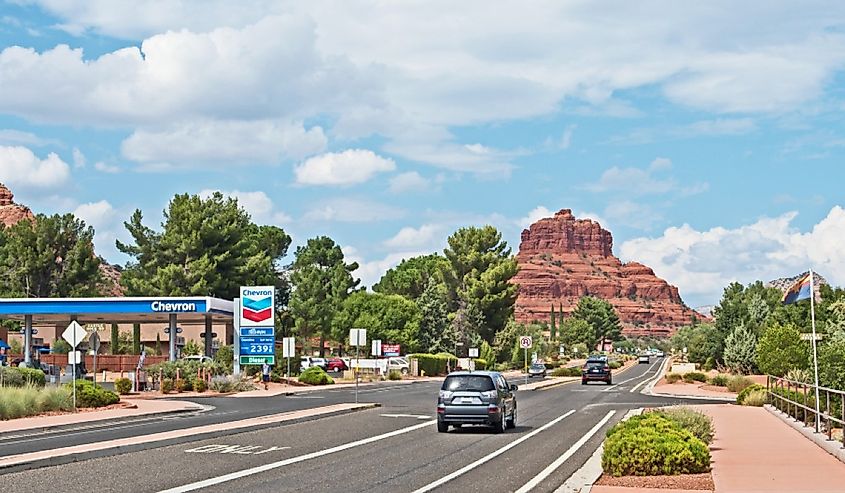 Driving through Village of Oak Creek, Arizona, with a gas station on the left hand side