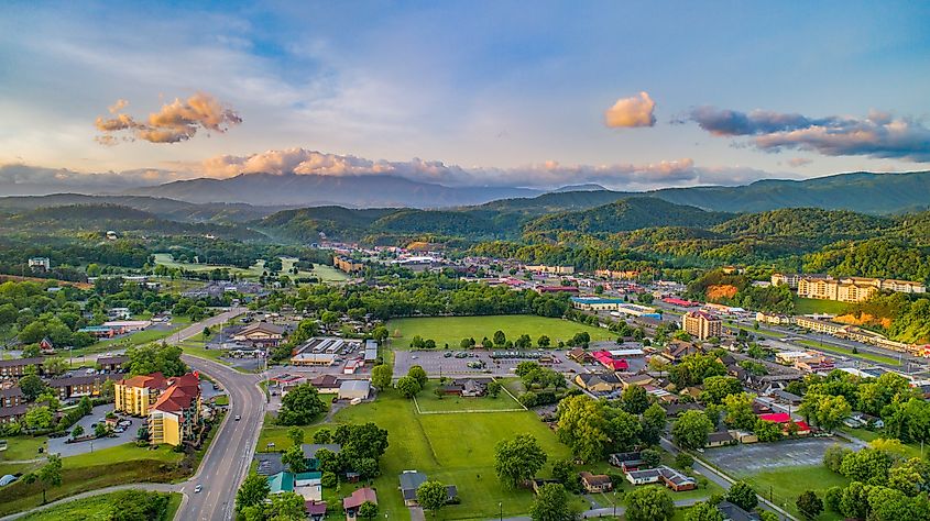 Aerial view of Pigeon Forge and Sevierville, Tennessee