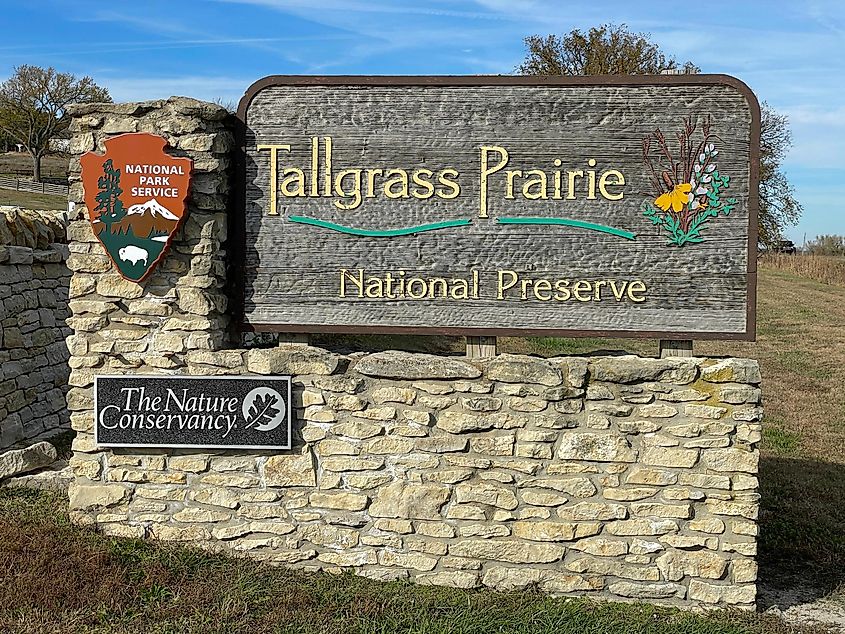 Entrance sign of the Tallgrass Prairie national Preserve in Kansas, via steflas / Shutterstock.com