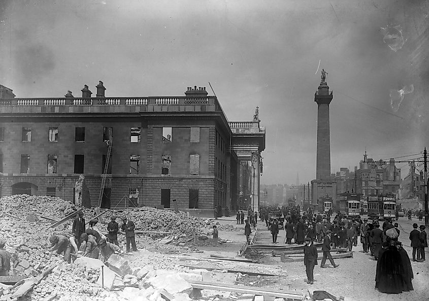 The shell of the G.P.O. on Sackville Street (later O'Connell Street), Dublin in the aftermath of the 1916 Rising. 