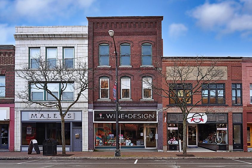 Market Street in the Gaffer District has well preserved 19th century buildings with interesting stores. Editorial credit: Spiroview Inc / Shutterstock.com