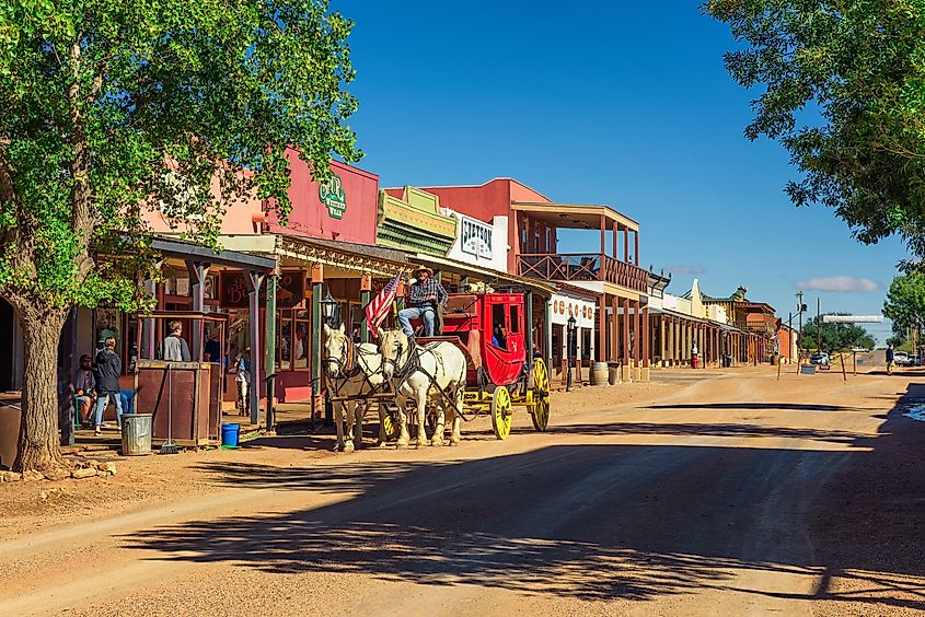 Historic Allen street with a horse drawn stagecoach in Tombstone.