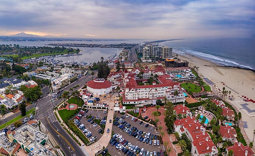 Aerial view of Hotel del Coronado and other buildings in Coronado, California