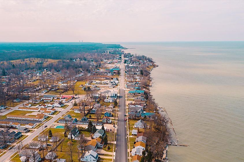 Aerial View Of Lake Erie Coastal Town, Geneva-On-The-Lake, Ohio.
