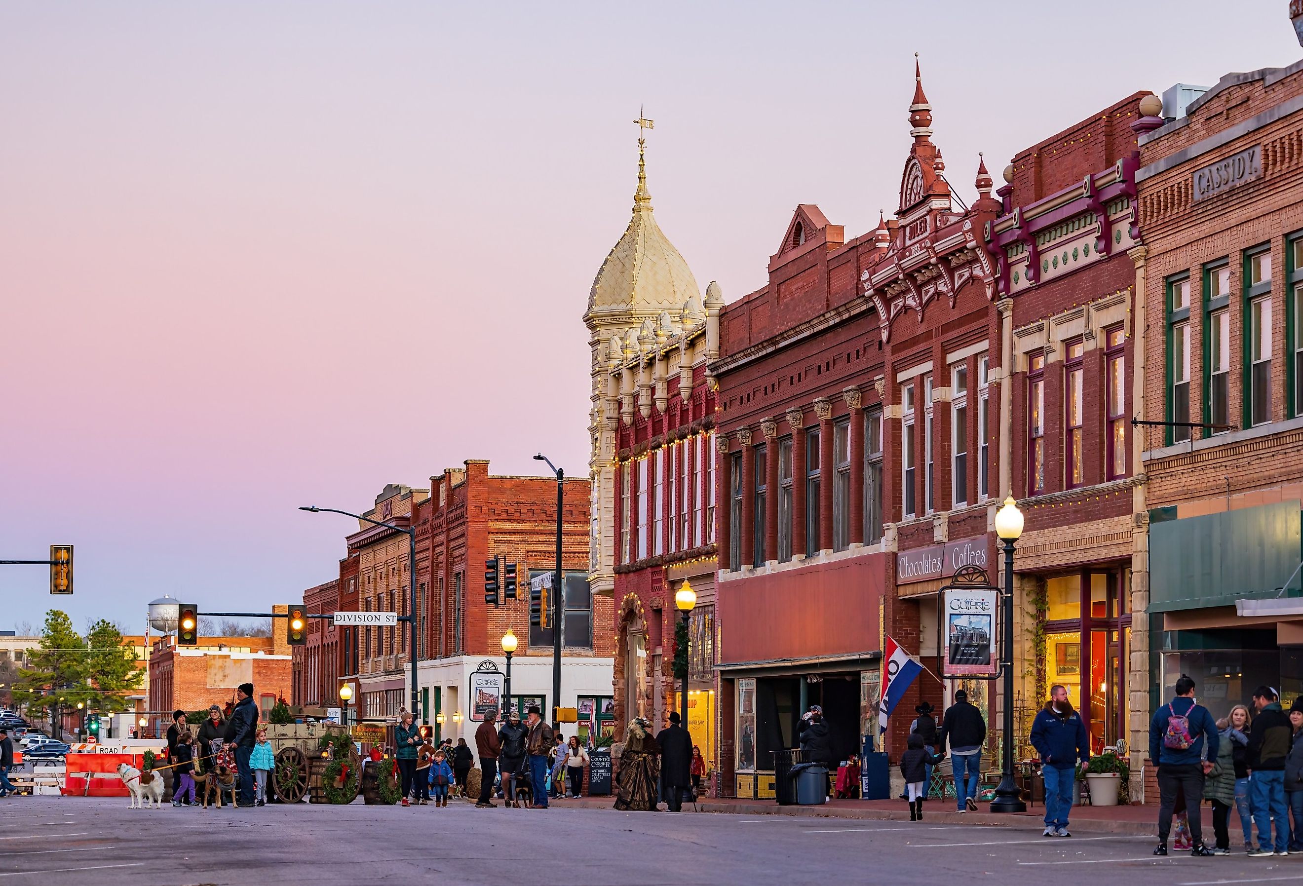 Historical downtown of Guthrie, Oklahoma at night. Image credit Kit Leong via Shutterstock